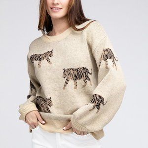 Relaxed Fit Long Sleeve Tiger Print Sweater in Oatmeal